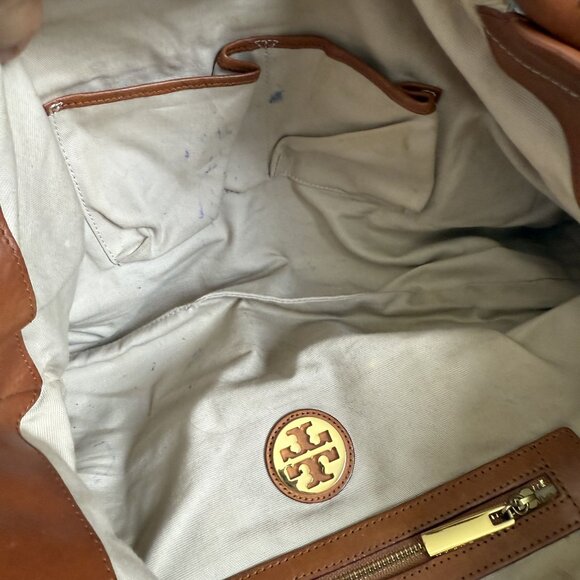 Vintage Tory Burch Canvas Leather Tote Bag Women's Beige Brown Gold-Tone Logo - Picture 16 of 16